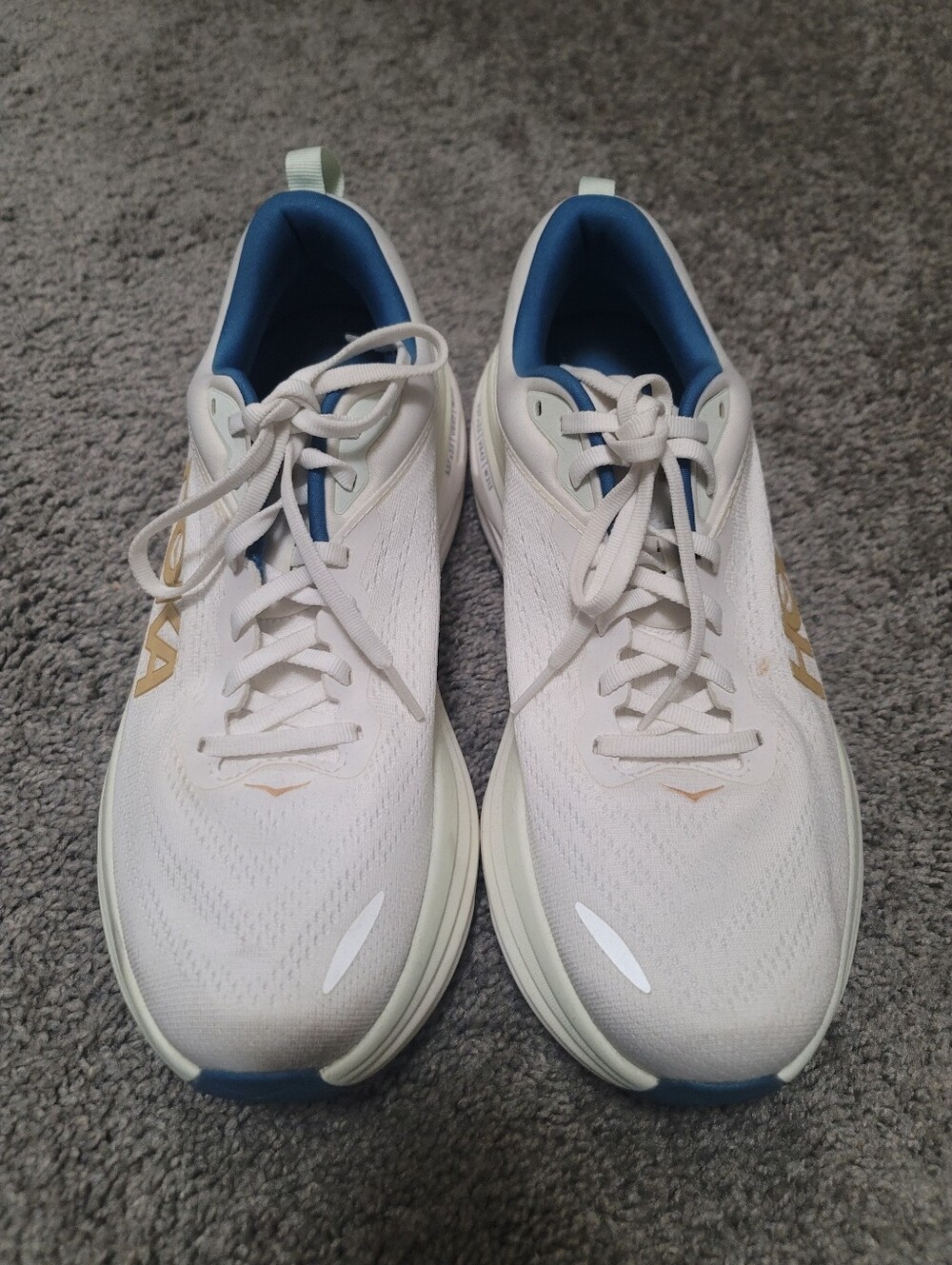 Hoka One One White Trainers with Blue Lining
